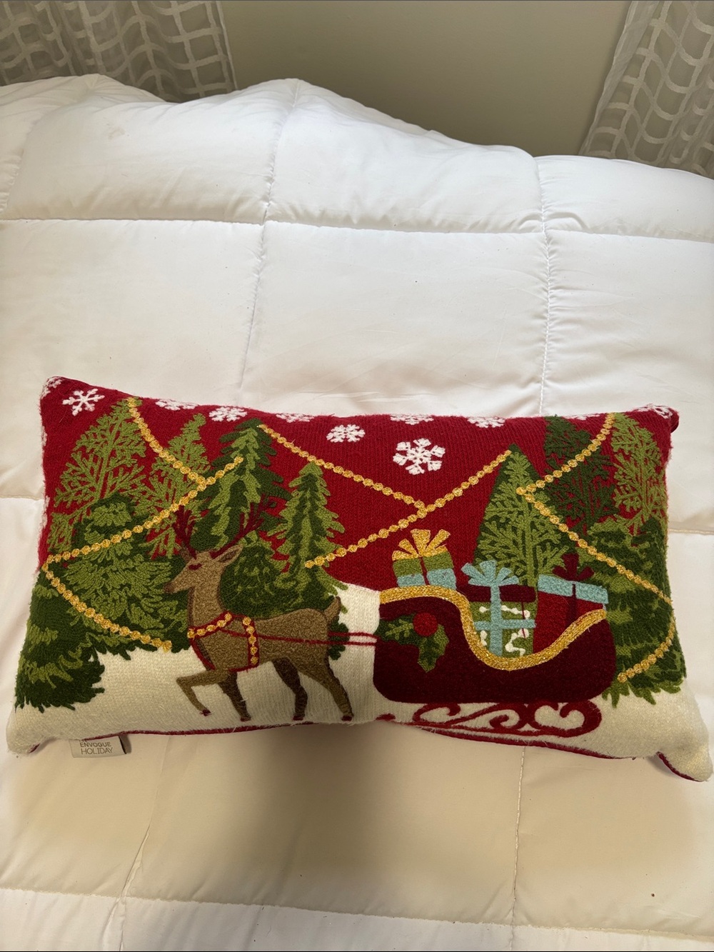 Envogue Red & Green Reindeer Sleigh Lumbar Holiday Pillow